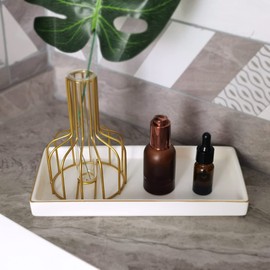 10 x 5 Ceramic Bathroom Tray for Countertop, Decorative Vanity Tray for Dresser Tops, Small Rectangular Trays for Perfume, Candle, Jewelry, Cosmetics (White)