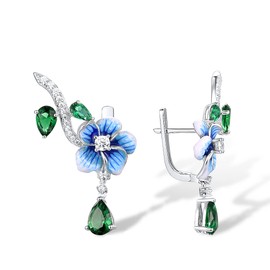 Santuzza 925 Sterling Silver Blue Peony Earrings Gemstone Enamel Flower Dangle Earrings for Women