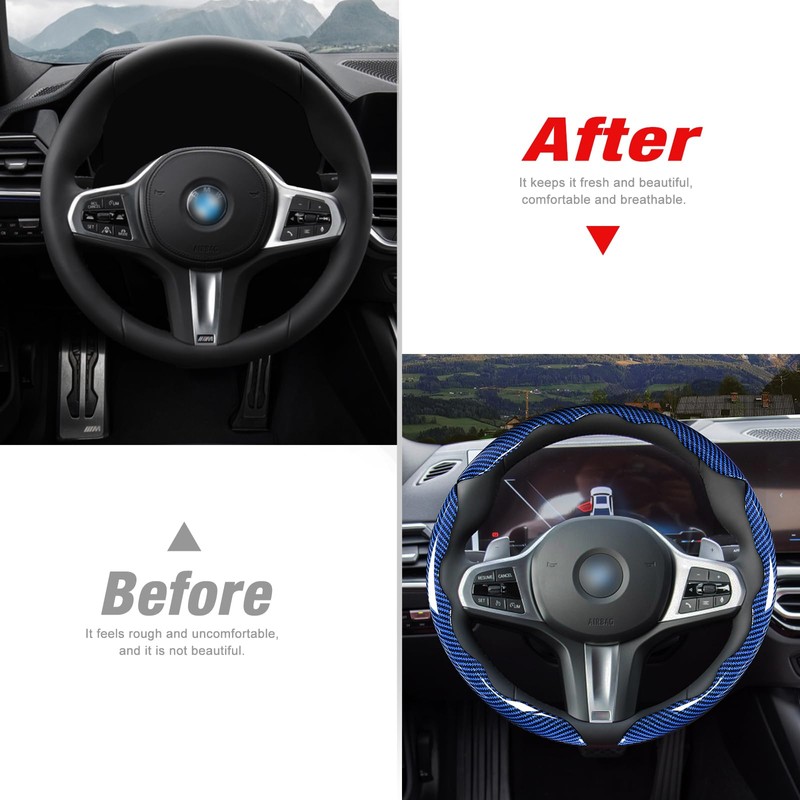 Car Steering Wheel Cover Set Bright Carbon Fiber Wrap Non-Slip