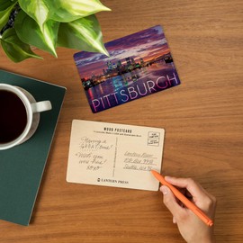 Pittsburgh, Pennsylvania, City Lights at Night (4x6 Birch Wood Postcards, 2-Pack Stationary, Rustic Home Wall Decor)