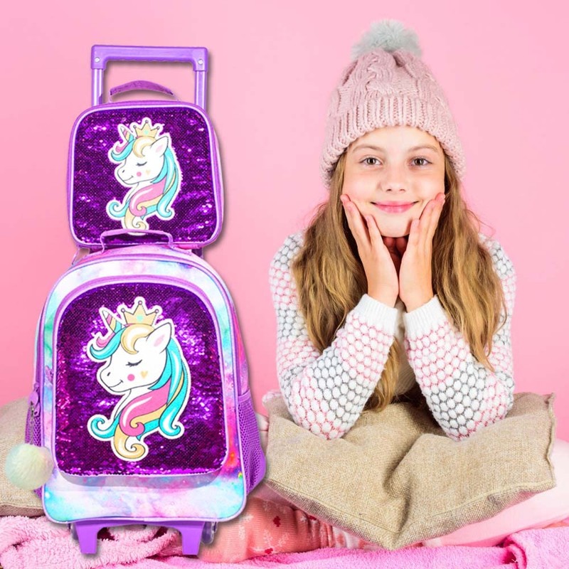 FTJCF 3PCS Rolling Backpack for Girls, Kids Unicorn Roller Bookbag