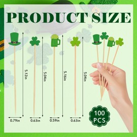 Estivaux 100 PCS St. Patrick's Day Cocktail Sticks Irish Shamrock Cocktail Sticks Wooden Cocktail Stirrers Leprechaun Beer Cupcake Toppers Disposable Party Picks for Appetizers Cocktail Accessories