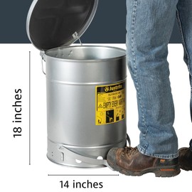 Justrite 10 Gallon Galvanized Steel Oily Waste Can, 18" x 14" Metal Oil Rag Safety Can with Quiet Foot Operated Self-Closing Lid for Oil Rag Disposal, Made in The USA, Silver, 09304
