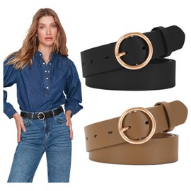 JASGOOD 2 Pack Women Leather Belt for Jeans Dress PU Leather Ladies Belt with Gold O Ring Buckle (A-Black+Brown, Suit for waist size 40"-44")