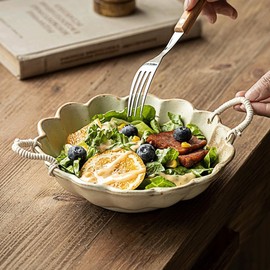 Amitofo Small Vintage Scalloped Ceramic Bowl with Rope Handles, Retro Style Glazed Purse Bowl for Serving Fruit,Salad,Table Centerpiece Decor (Retro Yellow)