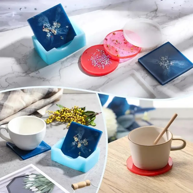 Juego Moldes Para Posavasos Resina Silicona Redondo Cuadrado