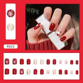 Christmas Press on Nails Short Square Fake Nails White Snowflake Cute Deer Acrylic Nails Gold Glitter Glue on Nails Reusable Red Stick on Nails for Women Winter Xmas Manicure