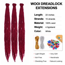 Wine Red Wool Dreadlock Extensions 22 Inches Double Ended Hippie Single Dreads Extensions DE Ends 15 Strands Handmade Burgundy Locs Extensions Reggae Style Crochet Hair for Women