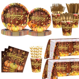 AIBIIN Happy Thanksgiving Fall Party Supplies, Thanks Giving Dinnerware Set with Autumn Maple Leaves Wooden Paper Plates Napkins Cups Gold Forks Knives Spoon tablecloth for Party Decorations