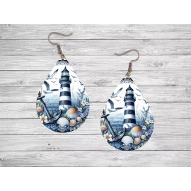 Twisted R Design Earrings, Blue Lighthouse Print Wood Dangle Teardrop Print Earrings Jewelry