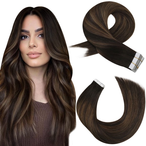 Moresoo Balayage Tape in Hair Extensions Darkest Brown Mixed with Medium Brown Remy Hair Extensions for Women Tape in Human Hair Real Straight Extensions Tape in Ombre Human Hair 20 Inch 20pcs 50g