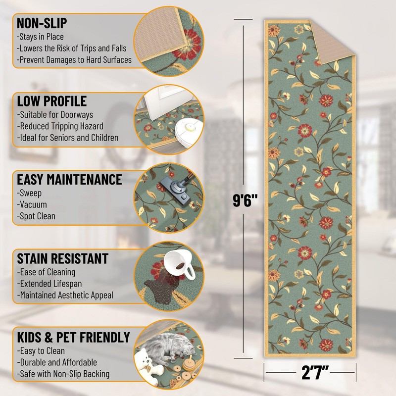 Ottomanson Hallway Runner Rug 2'7" x 9'6" Non Slip Floral