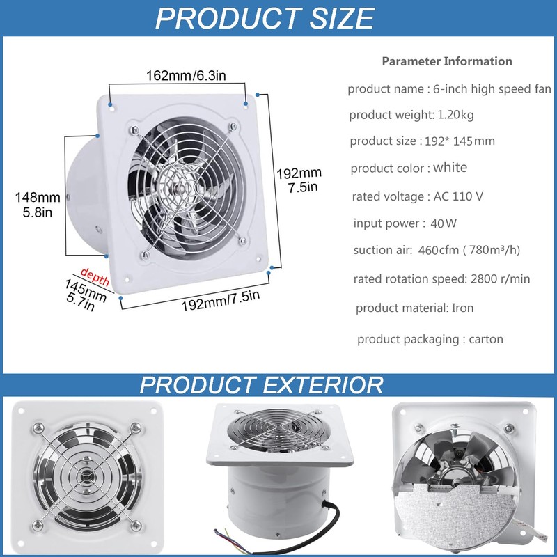 ACEDUROBLA 6'' Wall Mounted Exhaust Fan, 460CFM Metal Iron Ventilation