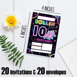10th Birthday Invitations - Rolling Into 10 Skate Party - 20 Pcs Double Sided Ten Years And Roller Skates Invites With Envelopes For Boys Girls Teens Birthday Celebration,Party Favor And Supplies-A15