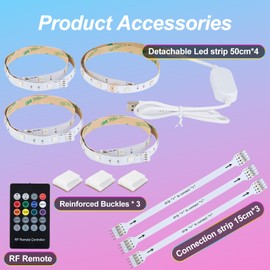 Hoobabuy 2 m TV LED Strip (4 x 50 cm), USB TV Backlight, RGB LED Strip for 40-60 Inch TV with Remote Control, 4 Music Modes, 8 Colour Changing, DIY Decoration, for Room