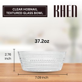 Khen Hobnail Glass Bowl Breaded Clear Borosilicate Decorative Tableware for Fruit, Salad or Centerpiece Display, Vintage Style 7 Inch Round Dish Ideal for Dining Table, Coffee Table or Kitchen Use