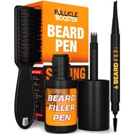 FOLLICLE BOOSTER Beard Pen Filler Styling Kit for Men - 3-in-1 Filling Set with 4-Tip Fork, Normal Pencil, and Brush - Waterproof, Sweatproof & All-Day Hold - Medium Brown