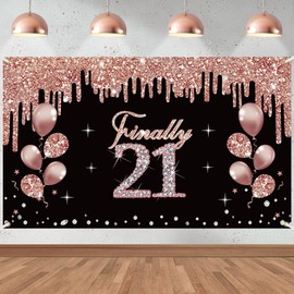 21st Birthday Decorations Finally 21 Birthday Banner for Women, Rose Gold 21 Birthday Theme Sign Party Supplies, Twenty-one Year Old Bday Background Photo Booth for Indoor Outdoor