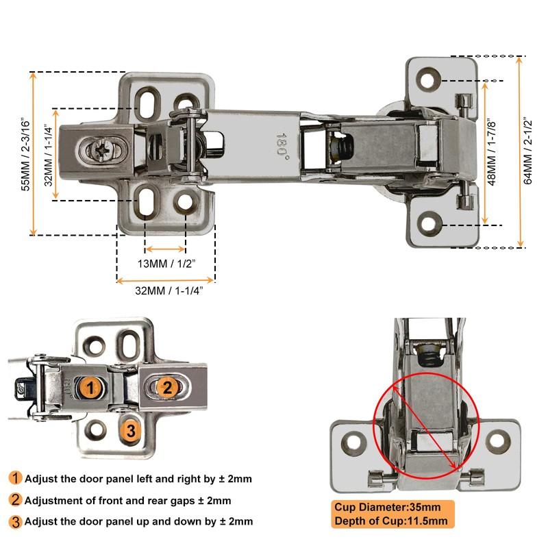2 Pack 180 Degree Hinges,Concealed Hydraulic Adjustable Mounting,Soft Closing Frameless