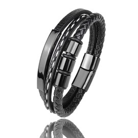 Panifio Mens Black Braided Leather Bracelet Bangle Wristband with Stainless Steel Ornaments, Leather, no gemstone