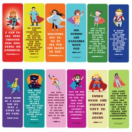 NewEights Christian Superhero Scripture for Kids Bookmarks (10-Sets X 6 Cards) – Daily Motivational Card Set – Collection Set Book Page Clippers – Ideal for Church Events