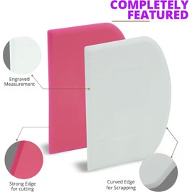 SHARRLA Dough Scraper Dual Sided | Flexible and Food Grade Plastic Bowl Scraper for Bread, Pizza, Pastry with Measurements | Cream Smoother for Bakers (2PCS Pink and White Steel)