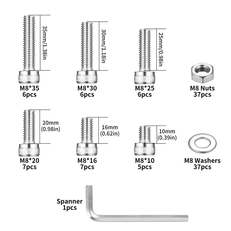 M8 Screws Set, Cylinder Screws Nuts Set, Hexagonal Screws with