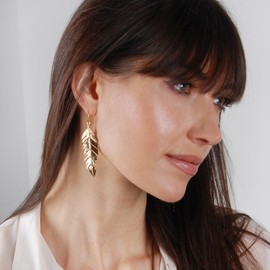Humble Chic Floating Feathers Dangle Earrings - Long Hanging Metal Link Leaf Drops, Gold,