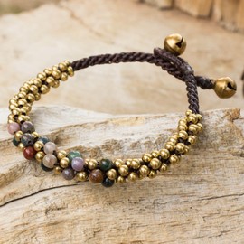 NOVICA Handmade Jasper Brass Beaded Bracelet Multicolor Gold Tone Thailand Birthstone [7 in min L x 7.75 in max L x 0.3 in W] 'Rainbow Helix'