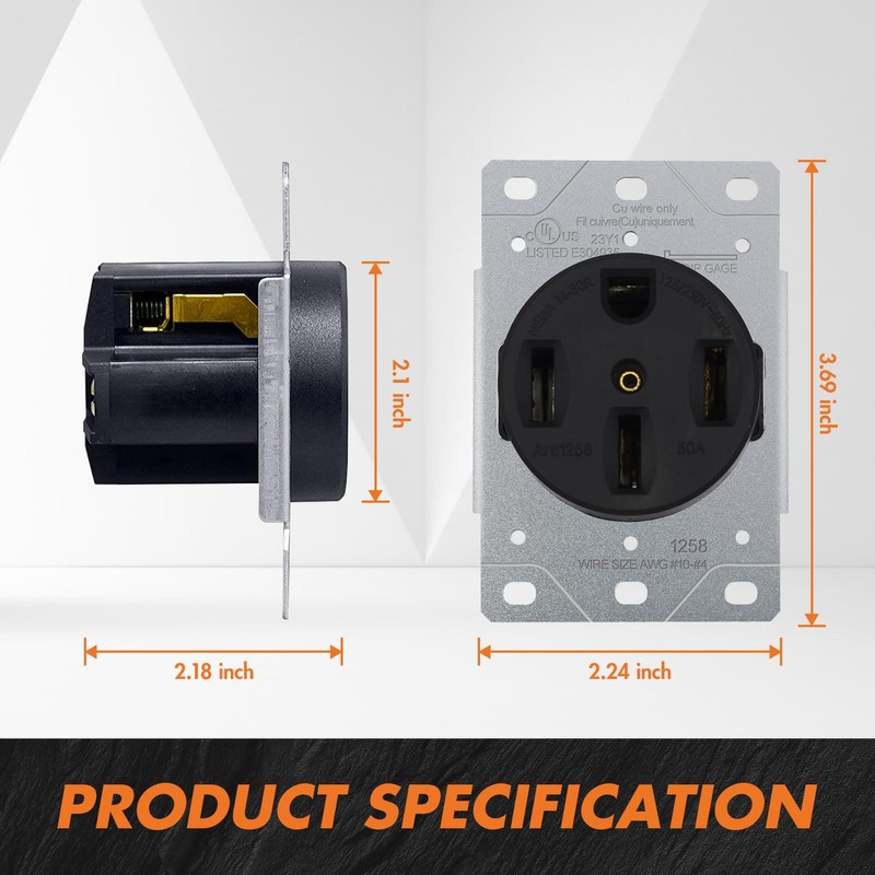 NEMA 14-50R Receptacle 50 Amp Flush Mounting Outlet, 3 Pole,