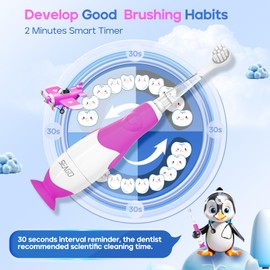 SEAGO Toddler Electric Toothbrushes for Baby Ages 0-3 Years, Baby Toothbrush with Smart Timer and Sucker Base, 4 Replacement Brushheads (Purple-C)