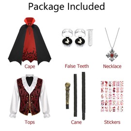 Oumbivil Vampire Costume Men Adult Gothic Medieval Royal Vampire Cape with Victorian Ruffle Shirt Cane Vampire Teeth Necklace Tattoo Stickers Accessories OU080L