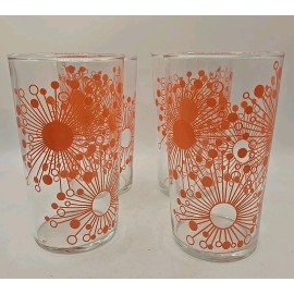 lancaster Indiana Glass Vintage Orange Starburst Atomic Juice Glasses Tumblers Glass Mid Century NOS