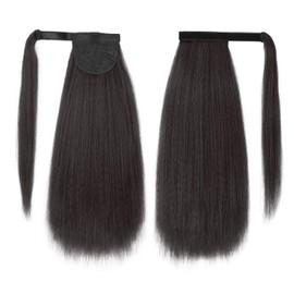 UAmy hair Long Yaki Straight Ponytail Extension for Women 20 Inch Brown Black Wrap Around Magic Paste Synthetic Clip in Ponytail Thick Kinky Straight Hair Pony Tail for Daily Use (2#)