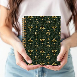 RYVJU Dark Green Floral Bumble Bee Notebook Journal, Dark Academia Botanical Journal for Women Men, Dark Cottagecore Floral Bee Spiral Notebook 5.5x8.3, Green Office Supplies