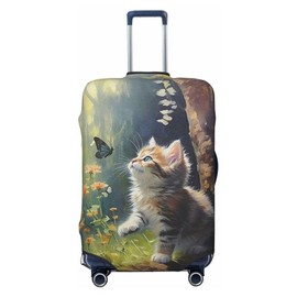 Richugui Cute Cats and Blue Butterflies Pattern Luggage Cover Elastic Washable Stretch Suitcase Travel Suitcase Protector Anti-Scratch Cover for Kid and Adult (L)