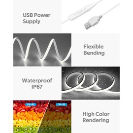 Samsion 5V USB COB LED Light Strip with Dimmer 3.3FT Daylight White LED Rope Lights Indoor Tunable 6000K Super Density 320LEDs/M IP67 Waterproof LED Tape Light for Bedroom TV Backlight Mirror Decor