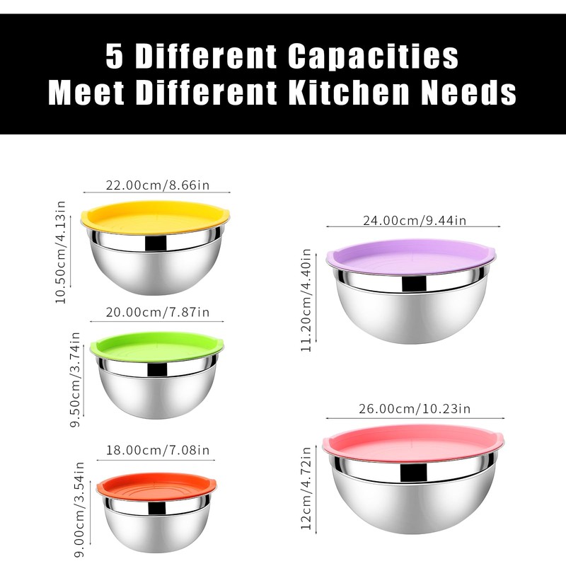 Lazycorner Mixing Bowls with Airtight Lids Set 5 Pcs Stainless