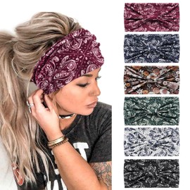 Pack of 6 Headbands for Women Wide Knotted Turban Bandana Boho Headscarves Wraps Yoga Hair Bands Fabric Elastic Headband Sports Running Headscarves
