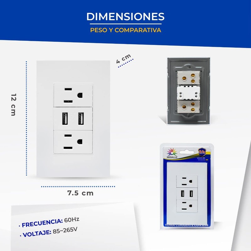 Megaluz HY-B310 Placa Contacto Tomacorriente Inteligente Conector USB 2 Puertos