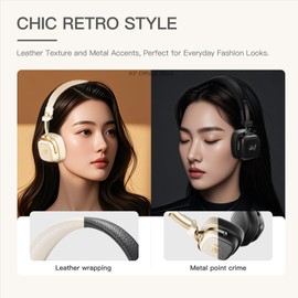 iKF E2 Retro Classic Wireless Bluetooth On-Ear Headphones, Foldable Headset, 90H Playback, 40mm Drivers, Deep Bass, 360° Spatial Sound, Built-in Mic,OOTD 80S 90S (Offwhite)