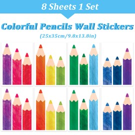 Whaline 8 Sheets Colorful Pencils Wall Decals Waterproof Watercolor Pencils Wall Stickers Educational Peel and Stick Removable Wall Corner Stickers for Playroom Classroom Living Room Blackboard Decor