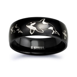 Black Plated Stainless Steel Ring with Engraved Orca Killer Whale Design size 10