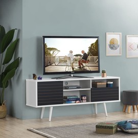 GLOBALWAY TV Stand for Screen TVs up to 65 Inches, Mid-Century Modern TV Console Table w/Storage Shelves, Cabinet & Drawer, Entertainment Center w/Cable Management for Living Room (Black & White)