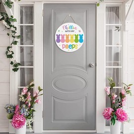 Easter Wreaths for Front Door, Easter Welcome Peeps Easter Bunny Wooden Hanger Haapy Easter Door Sign Decorations Colorful Rabbit Indoor Outdoor Farmhouse Porch Wall Fireplace Decor