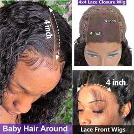 Curly Human Hair Wig for Black Women Transparent 4x4 Kinky Curly Lace Front Wigs Pre Plucked 180% Density 12 Inch