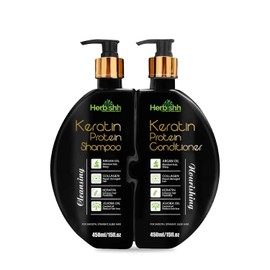 Shampoo y Acondicionador de Keratina Herbishh – Hidratante y Nutritivo para Cabello Seco y Dañado | Sin Sulfatos | Fórmula Vegetal con Aceite de Argán, Colágeno y Jojoba | Set 2 Piezas (450 ml c/u)