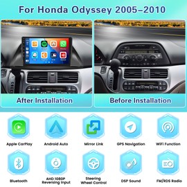 Fuluku【2+64G Android 13 Radio】 for Honda Odyssey 2005-2010 with Wireless Carplay Android Auto, 10.1'' Touch Screen Car Stereo GPS/WiFi/Bluetooth 5.0/SWC/FM RDS/Mic Backup Camera