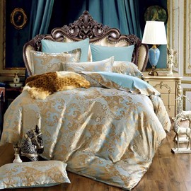 DXHOME Bed Linen 135 x 200 cm, Gold Blue Silk Satin Duvet Cover Set, 2-Piece Smooth Shiny Reversible Bed Linen, Microfibre, Two Piece Jacquard Floral Pattern Bedding Set, Single Bed, with Zip