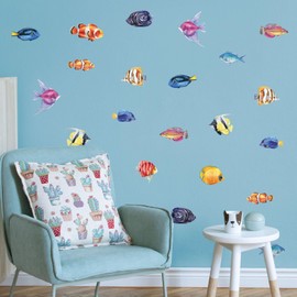 Bright Watercolour Fish Wall Stickers – Vibrant Underwater Wall Decals for Kids Room, Easy to Apply & Removable, Ocean-Themed Décor